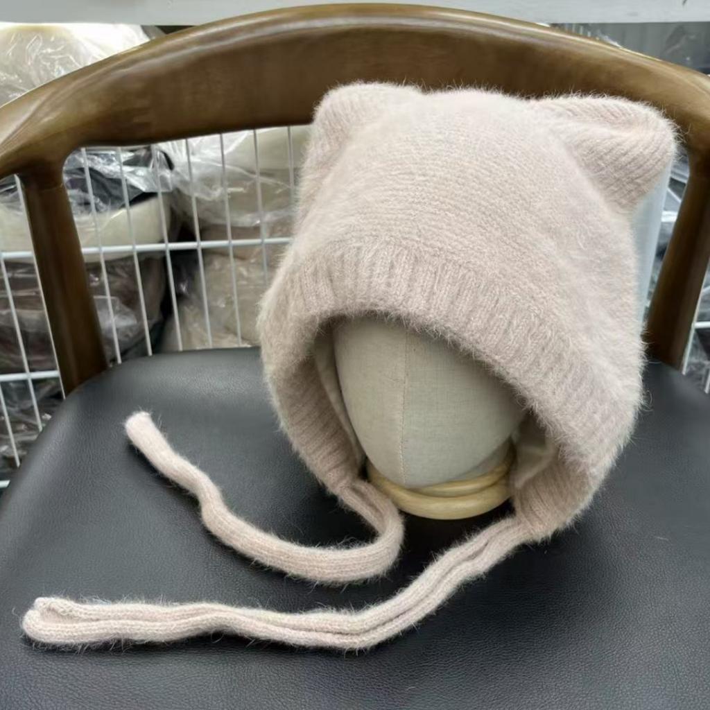 High quality Internet celebrity sweet cute cat ears plush rabbit fur hat women's autumn and winter outdoor cold knitted warm hat