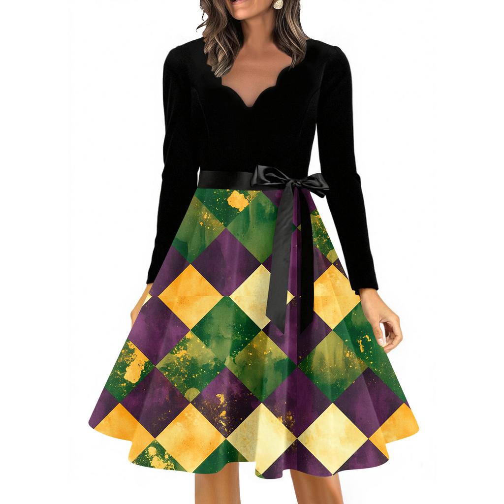 Women's Casual Fashion V Neck Long Sleeve Printed Vintage Long Dress