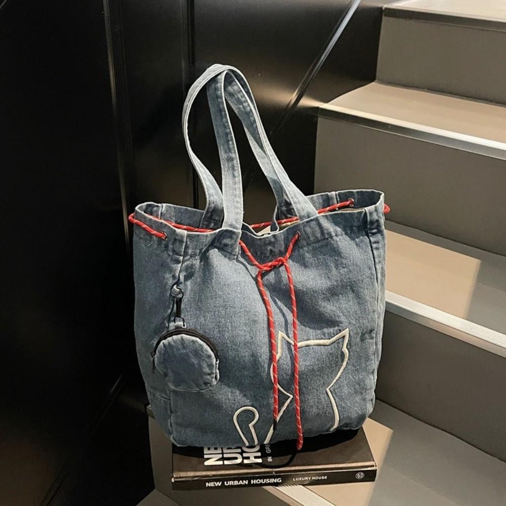 Denim Women Tote Bags Vintage Drawstring Bag Leisure Kitty Shoulder Bags  Commuting