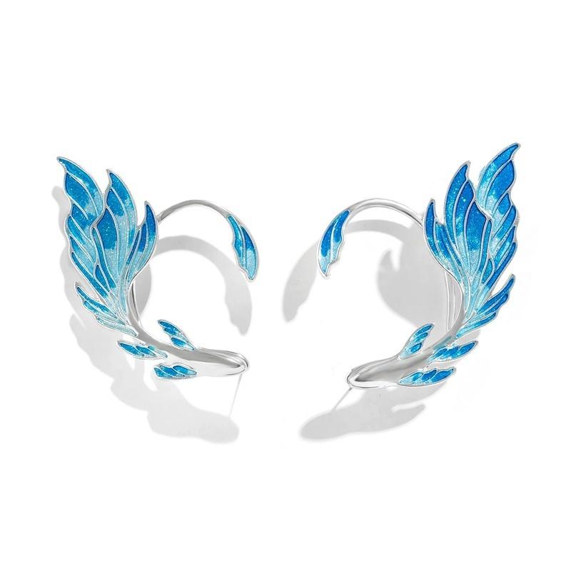 Luxury Blue Painted Elf Ear Cuffs for Women Fish Animal Clip On Earrings Fairy Wings Without Piercing Wedding Jewelry Gifts