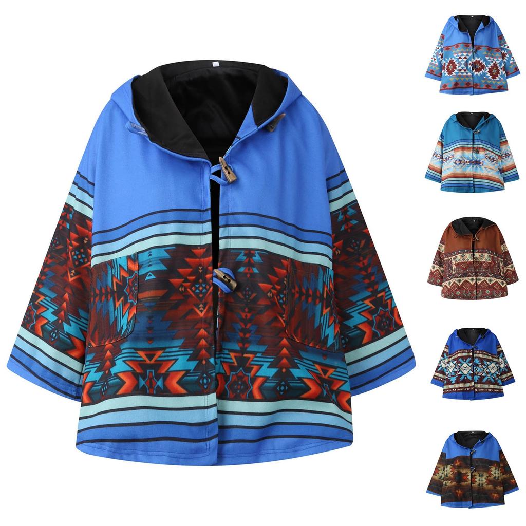 Women's Casual Retro Printed Long Sleeve Hooded Jacket Coat Button Coat