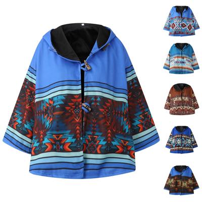 Women's Casual Retro Printed Long Sleeve Hooded Jacket Coat Button Coat