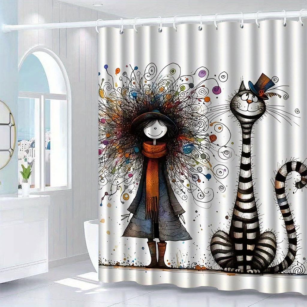 1pc Whimsical Girl and Cat Shower Curtain with Colorful Swirls - Polyester, Machine Washable, Ideal for Bathroom Decor