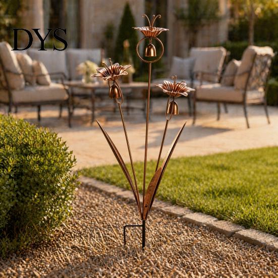 Decorative Metal Stakes Bronze Calla Lily Wind Chime with Bells, Rustproof Ground Stake Yard Art, Garden Bed Accessories Easy Install Outdoor