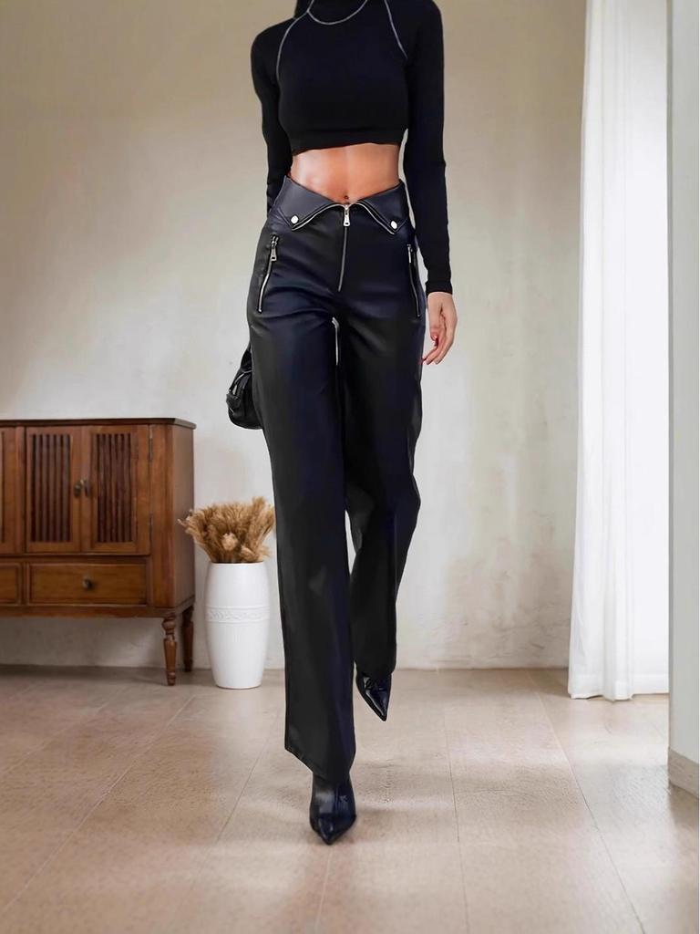 Women's High Waist PU Leather Nightclub Pants with Metal Zipper - INS Style, Winter Straight Leg Design