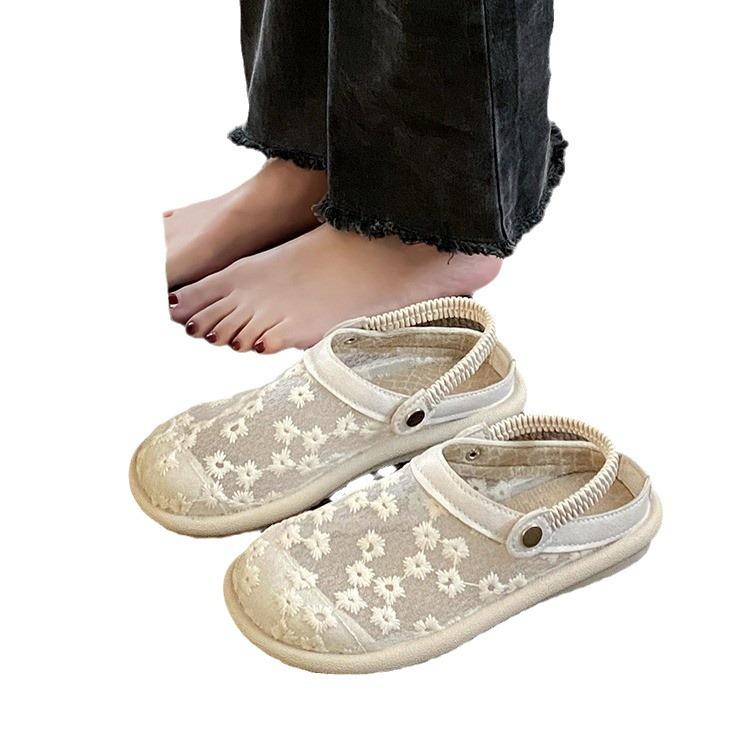 Summer new Japanese two wear bag head sandals lace breathable soft sole versatile hollow flat shoes women