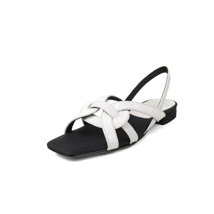 

Fashion NEW Summer Women Sandals Genuine Leather Shoes for Women Square Toe Low Heel Shoes Narrow Band Slip-on Shoes Solid Weave Sandals 40 бежевый