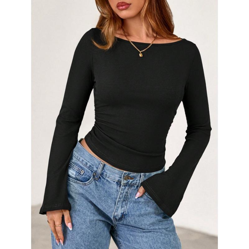 Top da Donna Girocollo Corto Maniche a Svaso Y2k Aderente Versatile Casual Manica Lunga