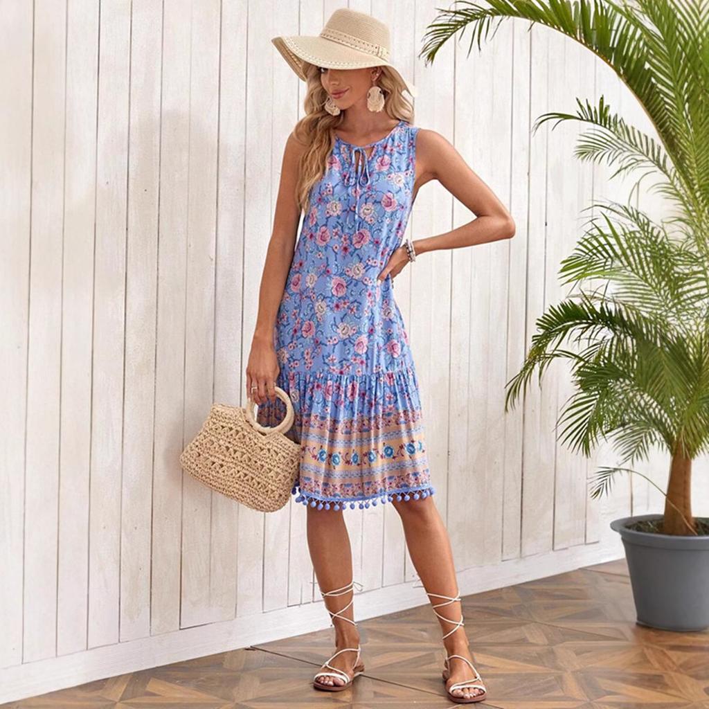 Süße Sommerkleider aus Baumwolle für Damen im Urlaubsstil, lila, Strand-Sommerkleid mit Blumendruck, Rüschen, Schnürung, Bohemia-Minikleid
