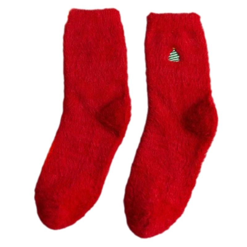 Christmas Themed Crew Socks With Plush Embroidery Thermal Insulation Unisex Gift For Couples Snow Adventures красный