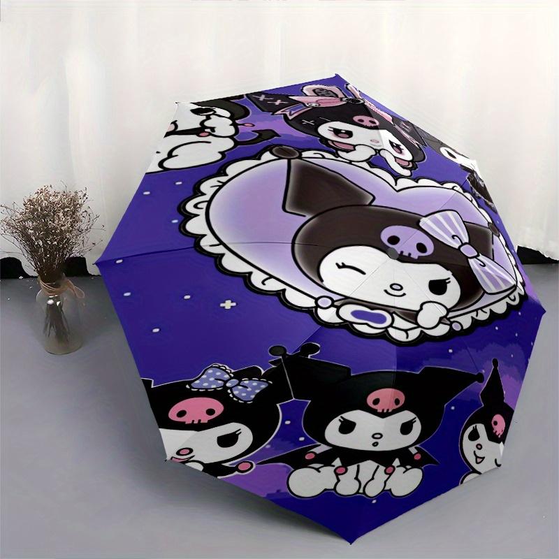 Heart Shaped Kuromi Sanrio Durable Cartoon Folding Cartoon Umbrella, Portable 3-Fold Compact Umbrella for Men and Women, Suitable for Travel or Daily