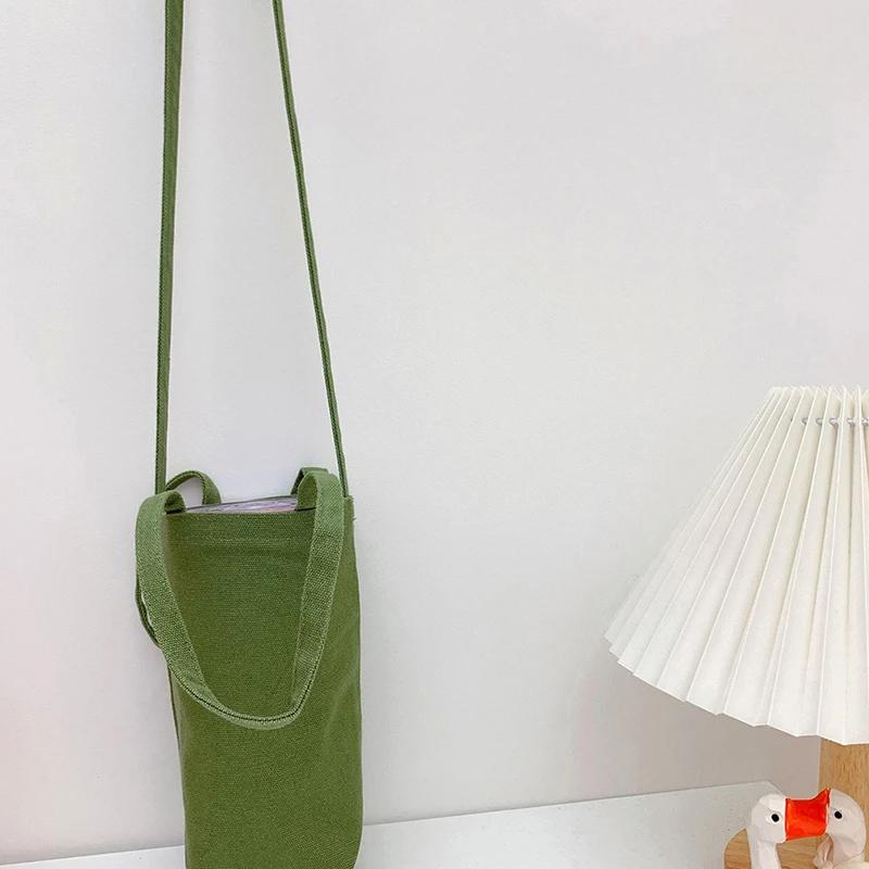Travel Portable Water Bottle Bag Crossbody Simple Solid Color Cup Protector Canvas Protective Sleeve With Strap Bottles Pouch
