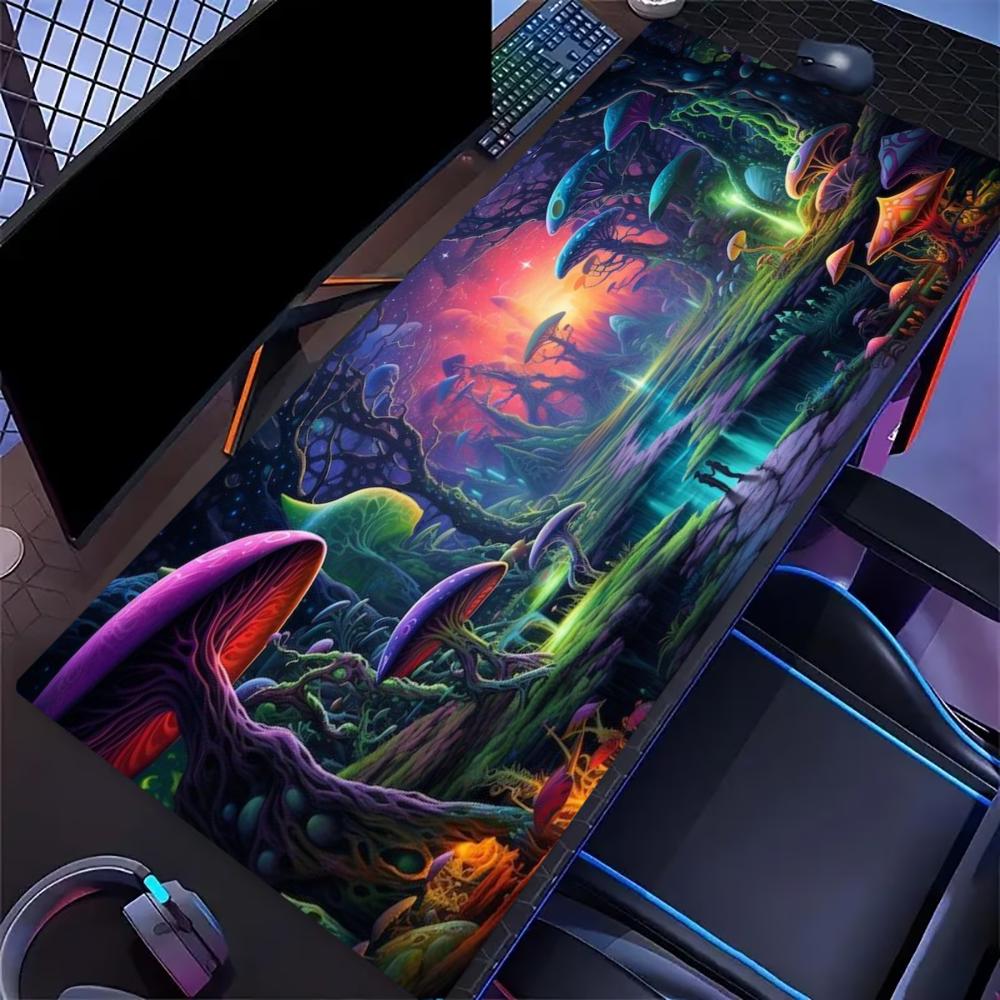 Neon Mushroom Large Desk Mat Non Slip Gaming Mouse Pad Stitched Edge Trippy Forest Keyboard Mat For Pc Laptop Office Stationery