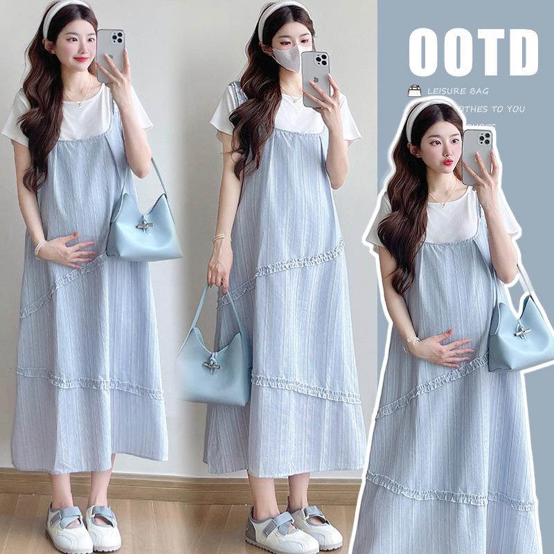 Korean Style Fresh Summer Maternity Two-Piece: Strappy Skirt & Top Large