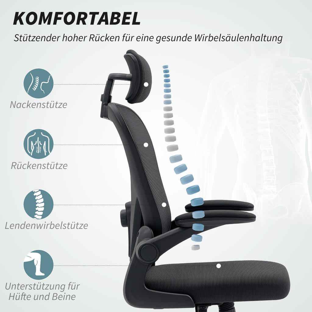 Office Chair, Ergonomic Desk Chair with Flip-Up Armrests, Adjustable Lumbar Support, Black