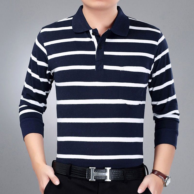 Moda Hombre Nuevo Negocios Camisas Polo Rayadas Coreano Primavera Otoño Casual Manga Larga Solapa Bolsillos Ropa Masculina Algodón Tops 2025