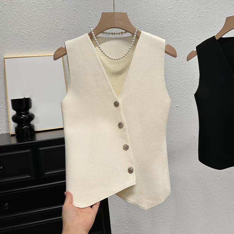 Summer French Retro Irregular Single-Breasted V-Neck Sleeveless Slim Knitted Vest For Women