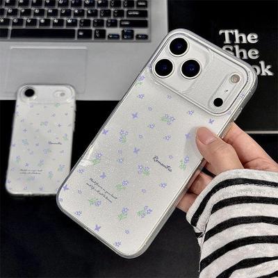 Purple Floral Glitter Soft Shell Phone Case for iPhone 17 Pro Max/17 Air/15/16/Cute 11/7/8 Plus
