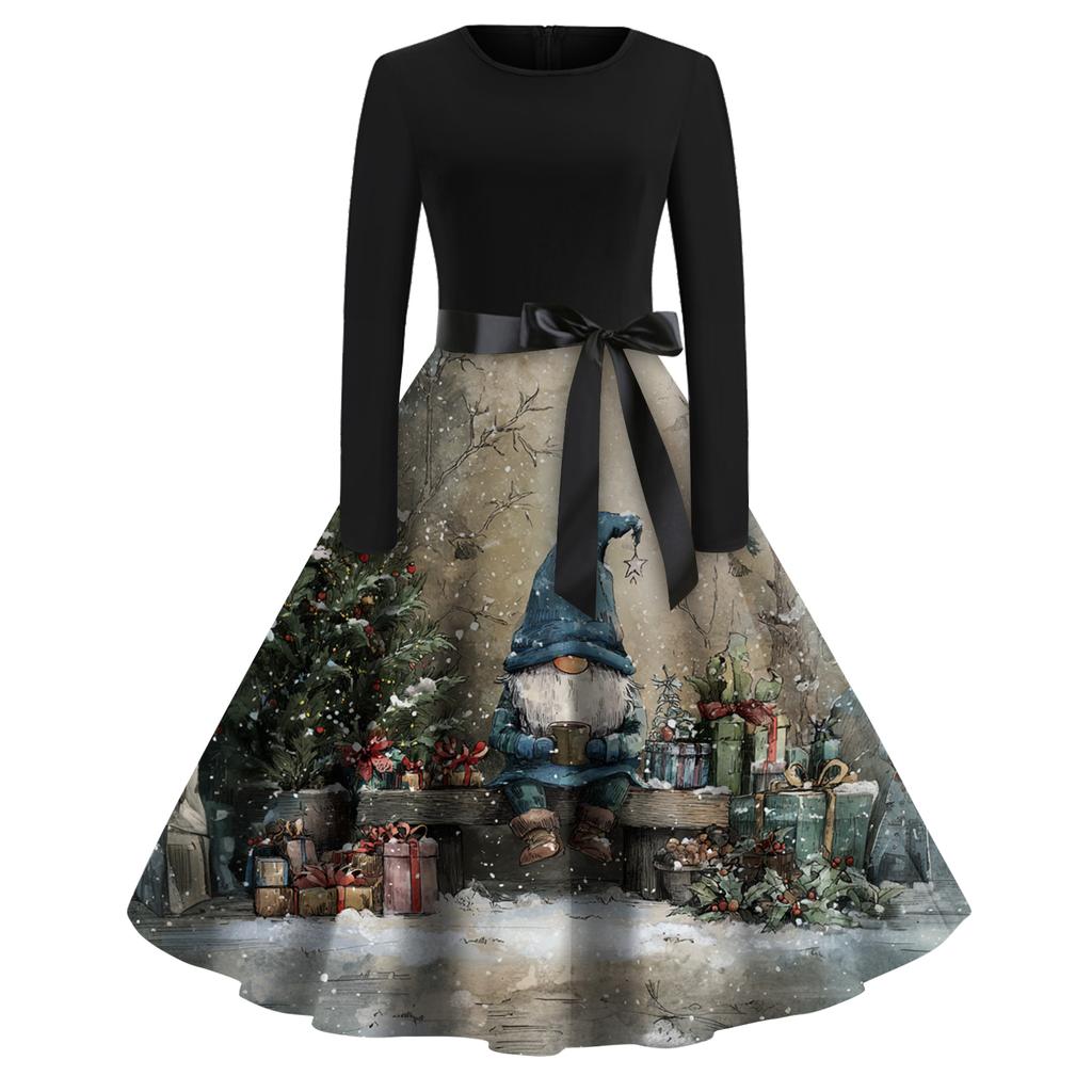 Women's Fashion Round Casual Slim Fit Christmas Print Large Swing Long Sleeve Dress