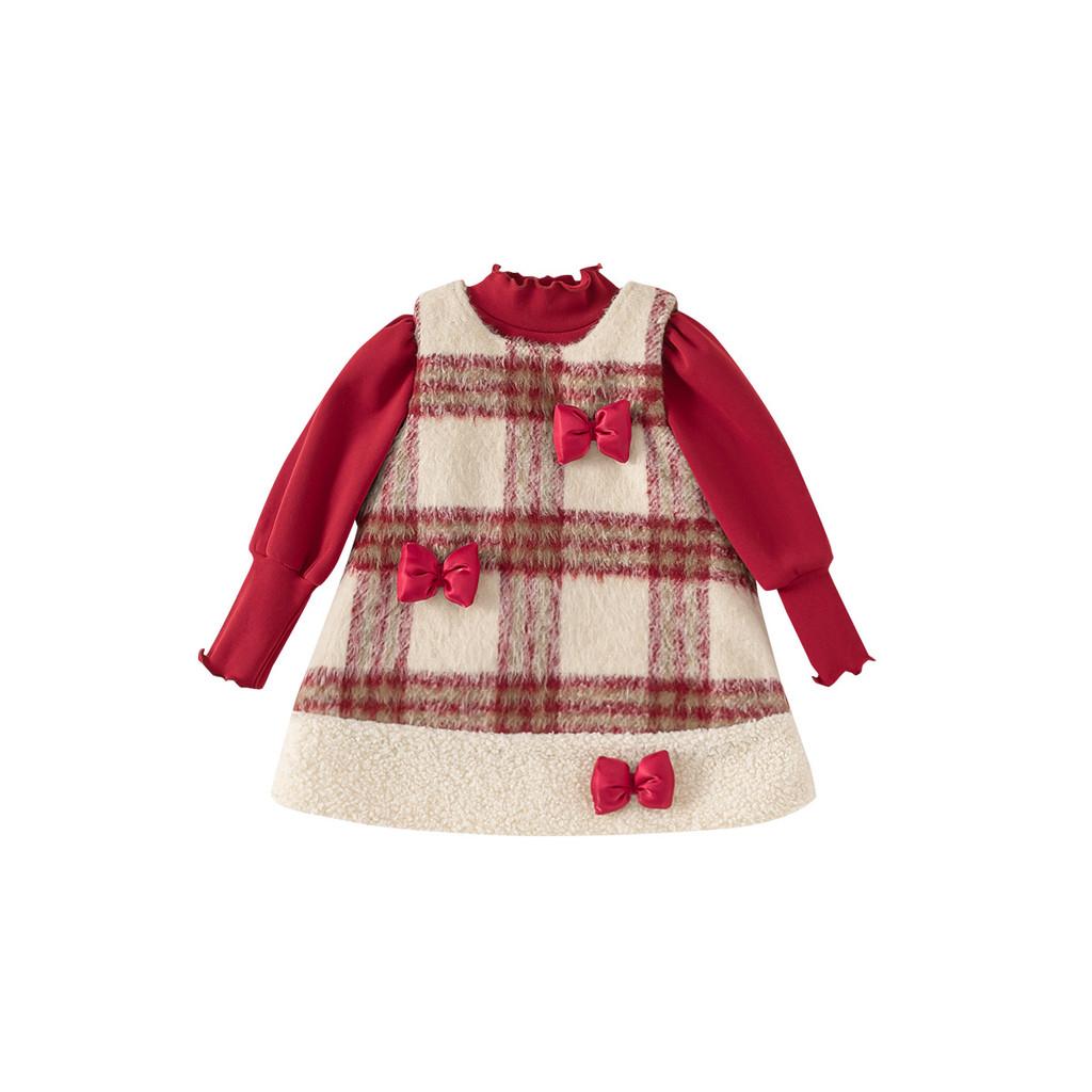 

Red Top Bowknot Checkered Vest Skirt Christmas Set Children Clothing For Autumn And Winter 90cm