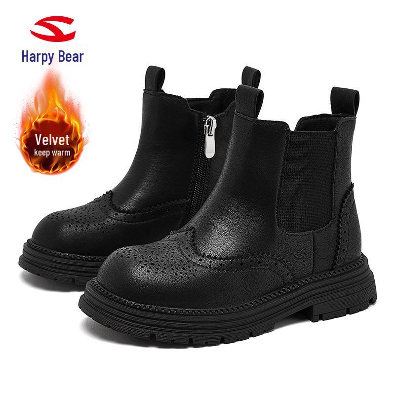 Happy Bear Plush-Lined Winter Girls Martin Boots: Cotton Leather, Versatile, Warm, Wear-Resistant Short Boots 30
