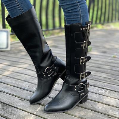 Mode Mode Schnalle Kniehohe Stiefel für Damen Winter Blockabsätze Western Lange Stiefel Frau Schwarz PU-Leder Punk Gothic Stiefeletten