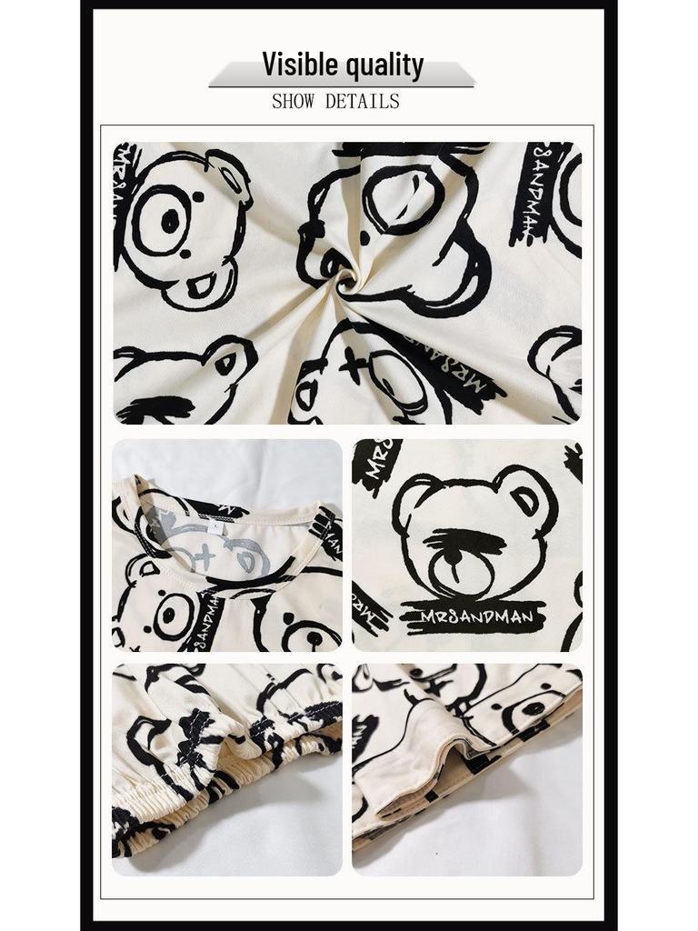 Women's Loose Summer Cartoon Pajama Set: Cute Short Sleeve Top & Long Pants for Spring/Autumn