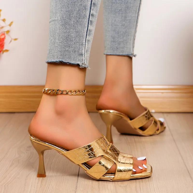 Fashion Women's Woven Slippers Summer New Square Head Bright Face Open Toe Stiletto Sandals All Match Women's Shoes