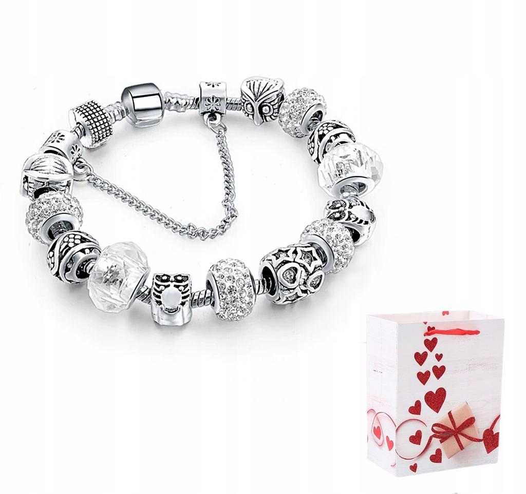Silver Modular Bracelet White Pendants Charms Beads Owl Tree 20cm