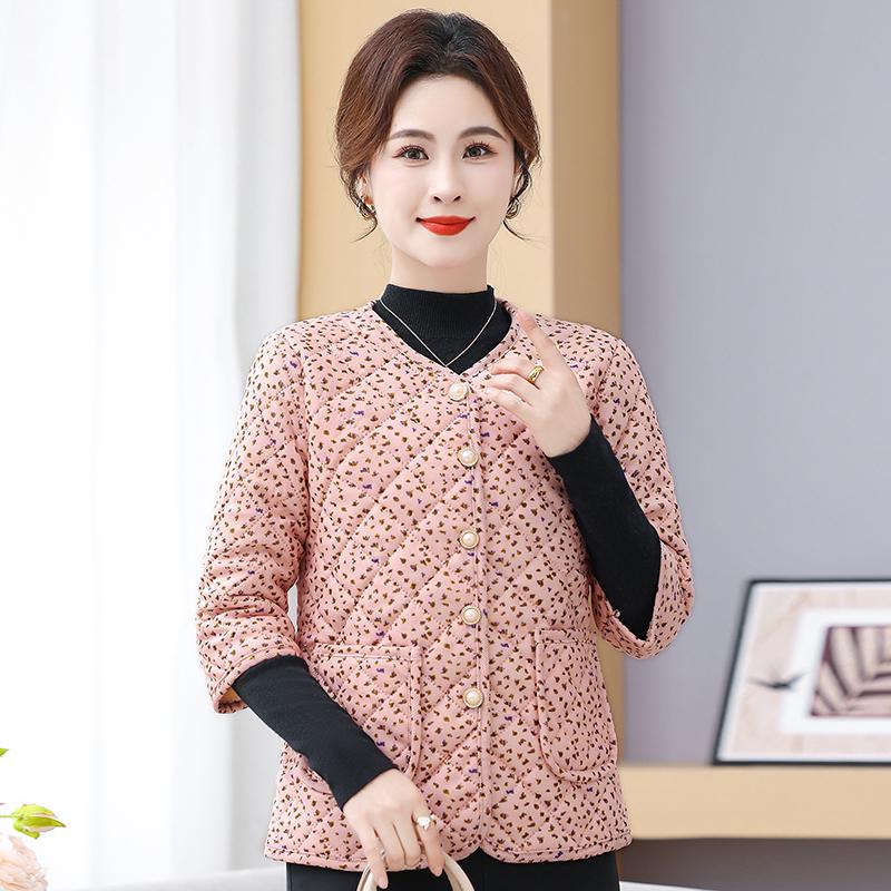 Women's Floral Print Warm Collarless Cotton Jacket with Mid and Seven-Sleeve Options, Fleece-Lined for Autumn/Winter.