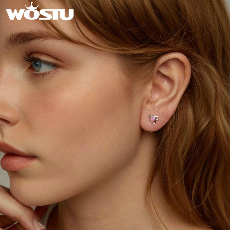 WOSTU Срібло 925 проби з опаловим бантом і сережками-гвоздиками з дияволом. Делікатні чудові сережки для жінок. Подарунок дівчині. Вишукані ювелірні вироби.