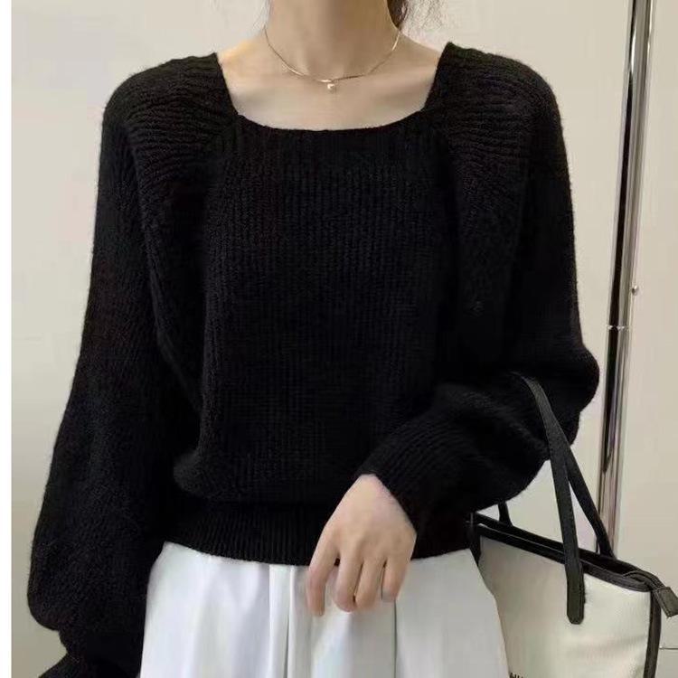 

Женский вязаный свитер с квадратным воротником и рукавами-фонариками 2023 года — осень/зима, свободный крой One Size чёрный