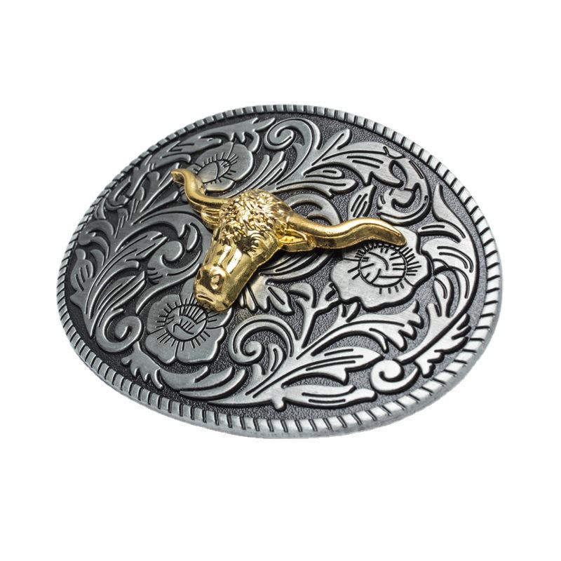 Taurus Western Style Zinc Alloy Bull Head Leather Belt with Vintage Patterned Buckle