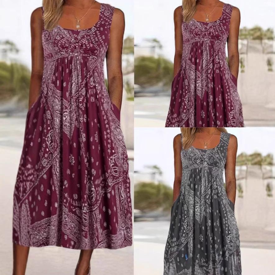 Retro Sleeveless Summer Dress with Crew Neck and Pockets – Loose Holiday Print Style