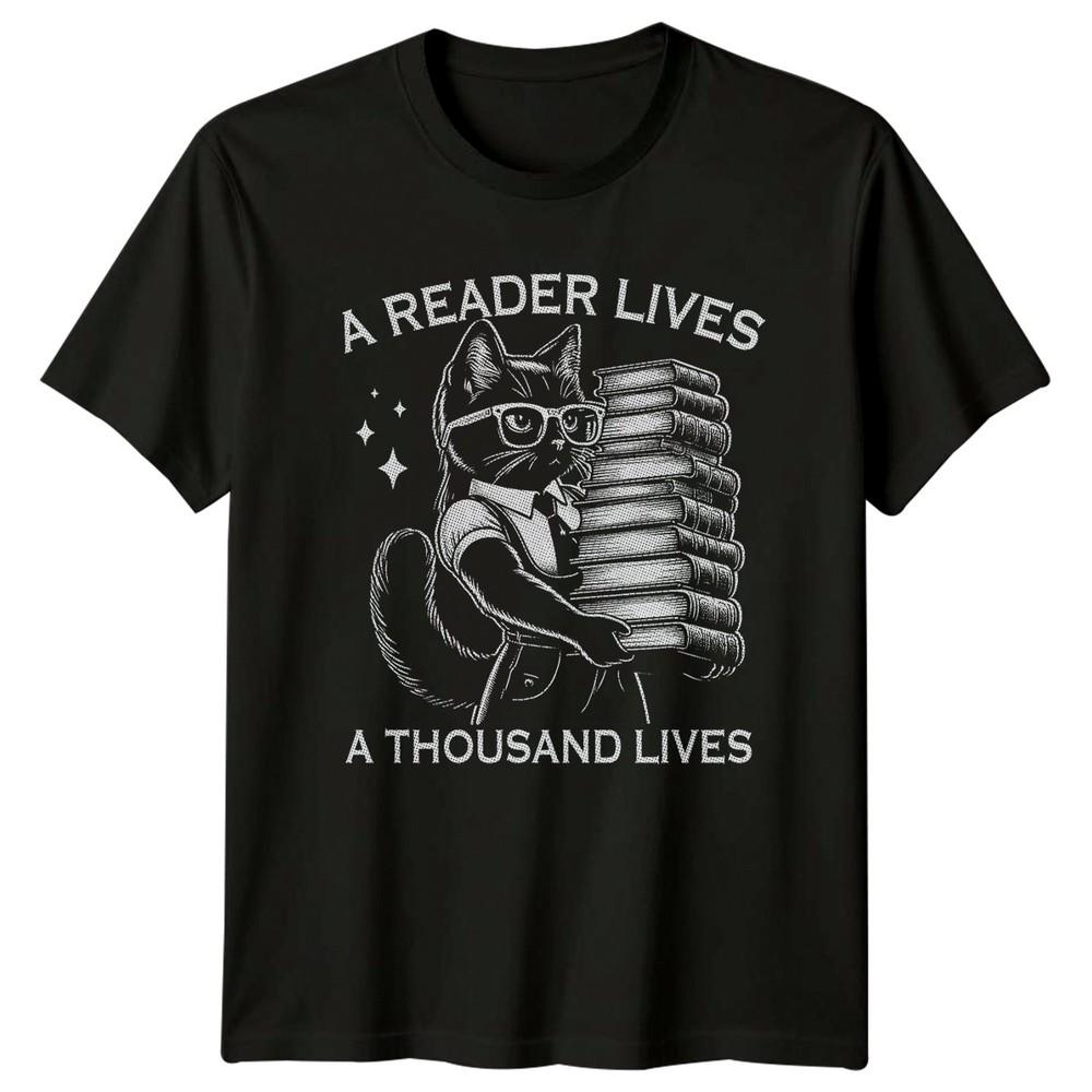 A Reader Lives A Thousand Lives TShirt Cat Librarian Book Lovers
