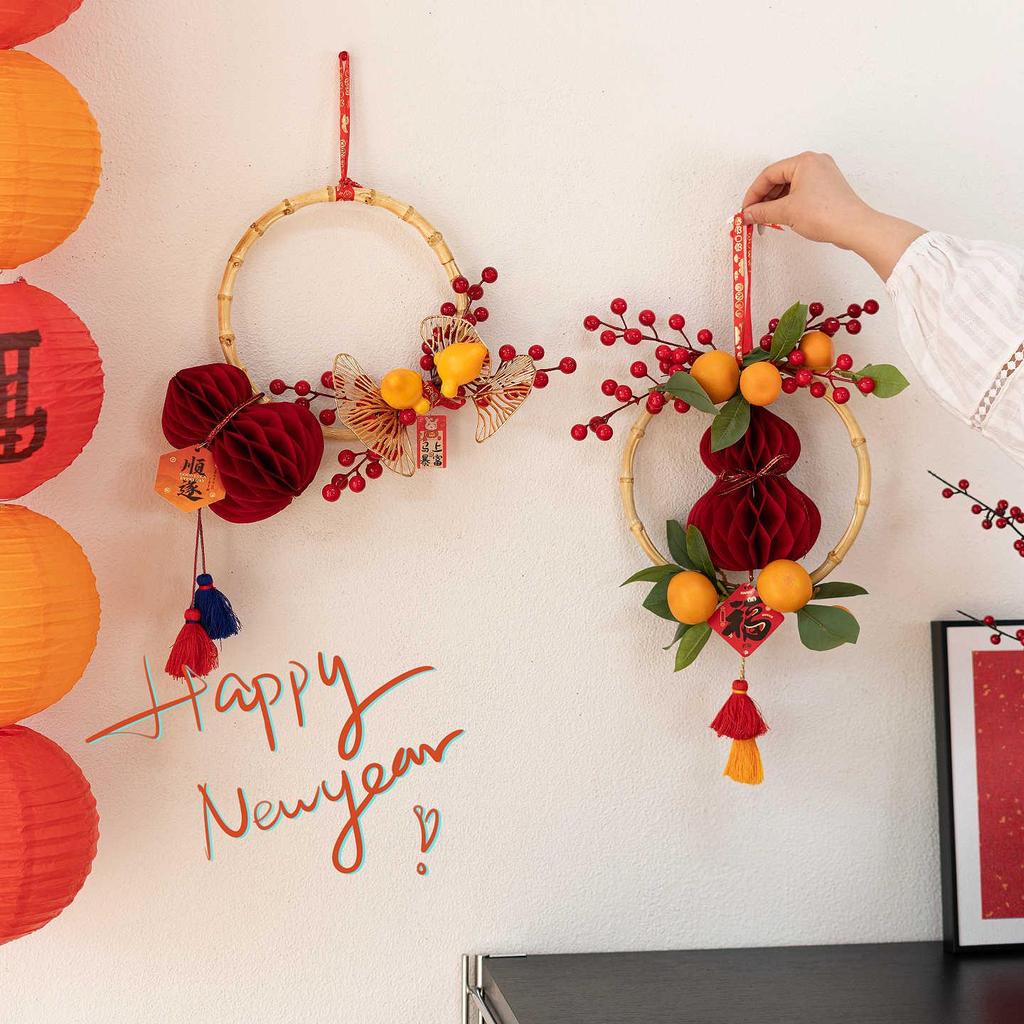 Chinese New Year Artificial Gourd Flower Wreath Decoration for Entrance and Living Room