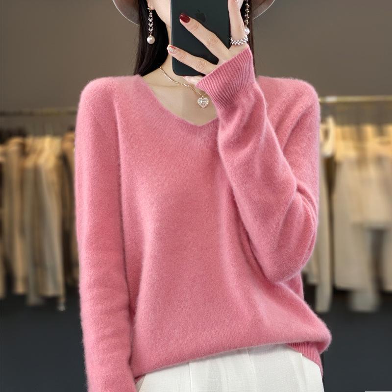 Women's V-Neck Pure Wool Knit Sweater - Heart Neckline, Autumn/Winter Base Layer