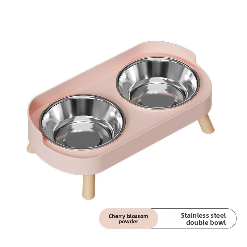Cat Bowl, Ceramic Double Bowl, Anti-tipping Pet Bowl, Water and Food Integrated Stainless Steel Dog Bowl, Neck Guard Bowl