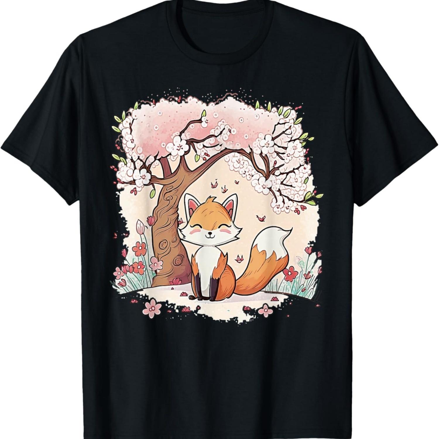 Fox Vaporwave Under Cherry Blossom  Aesthetic Zen T-Shirt S чёрный