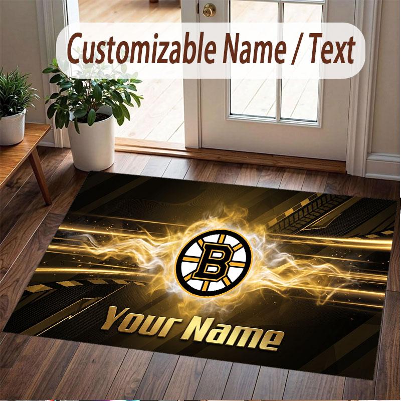 Custom Rug Boston Bruins Pattern Print Name Text Soft Non‑Slip Floor Carpet for Home Indoor Decoration