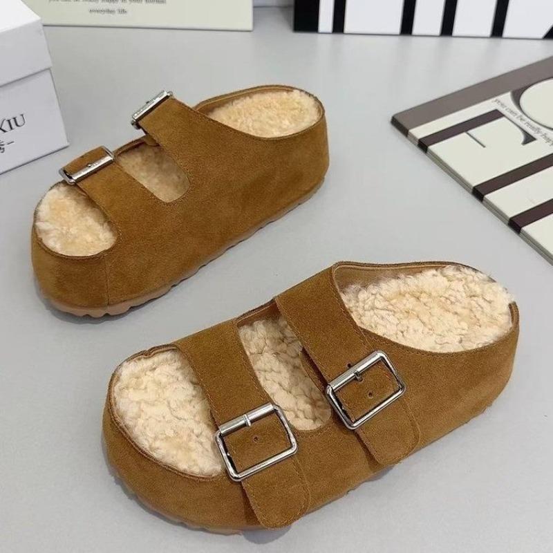 Fashion Platform Suede Women Fur Slippers 2025 Autumn Fashion Buckle Shoes Designer Slingback New Trends Slingback Shoes Casual Zapatos