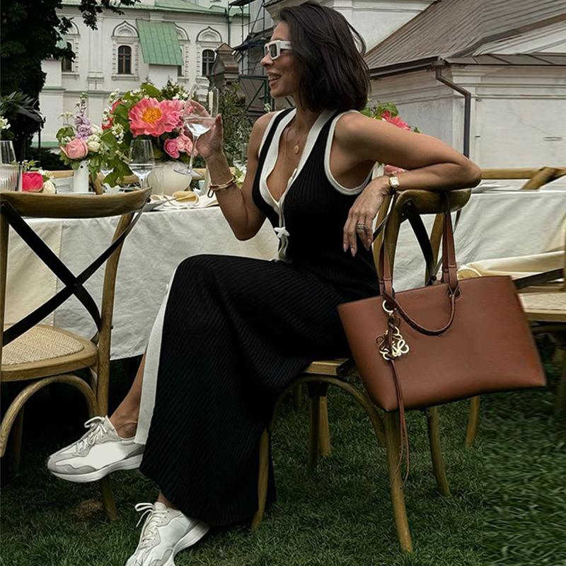 Contrast Knit Long Dress Women Sleeveless V-neck Slim Hip Package Female Dresses Casual Single Breasted Elegant Lady Robe
