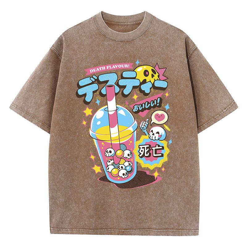 Fashion Woman Washed T-Shirts Funny Skull Drink Printing Short Sleeve Cotton Distressed Oversize Crewneck Tops Clothes