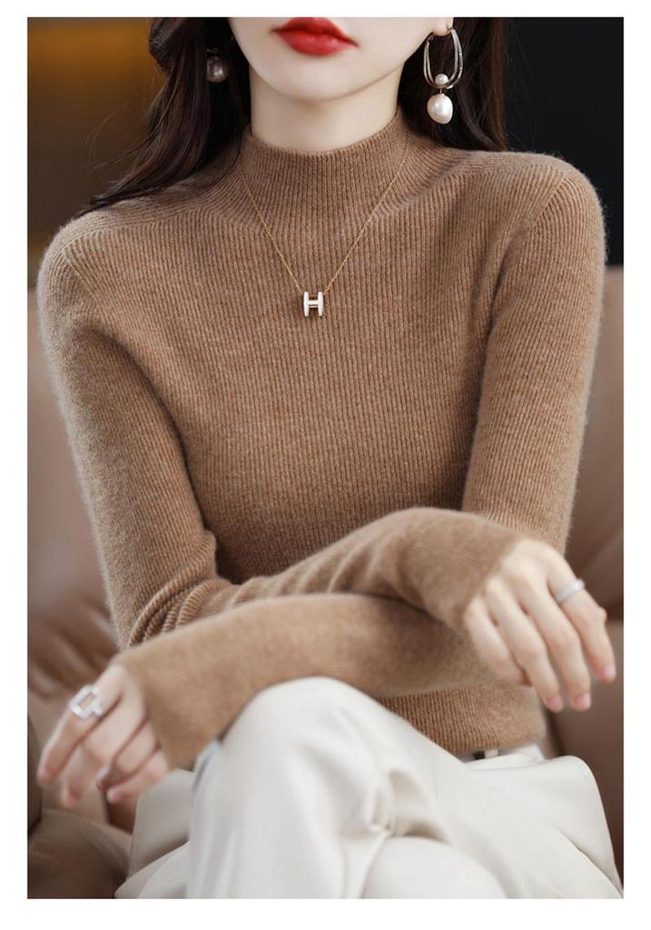 2025 Women's Slim Fit Wool Knit Sweater - Black Half High Neck, Autumn Winter Base Layer