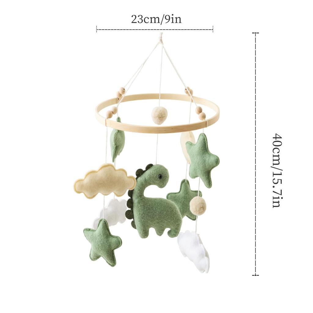 Soft Green Dinosaur Theme Baby Mobile for Crib, Simple Crib Bell for Boys and Girls,Handmade Felt Clouds Nursery Ceiling Decoration,Easy to Install