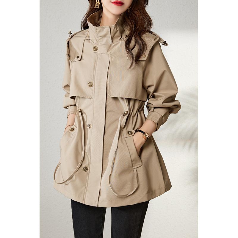 

Хаки плащ-тренч с капюшоном женский весенне-осенний новый осенняя одежда короткий маленький весенняя куртка на кулиске женская одежда L хаки