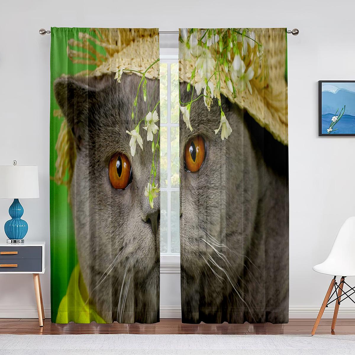 

Кошачий принт, котенок, котенок, лицо, крупный план, прозрачная вуаль, занавеска для гостиной, спальни, декор, оконные шифоновые тюлевые шторы с животными 1 PCS W100XH250cm&Grommet Top
