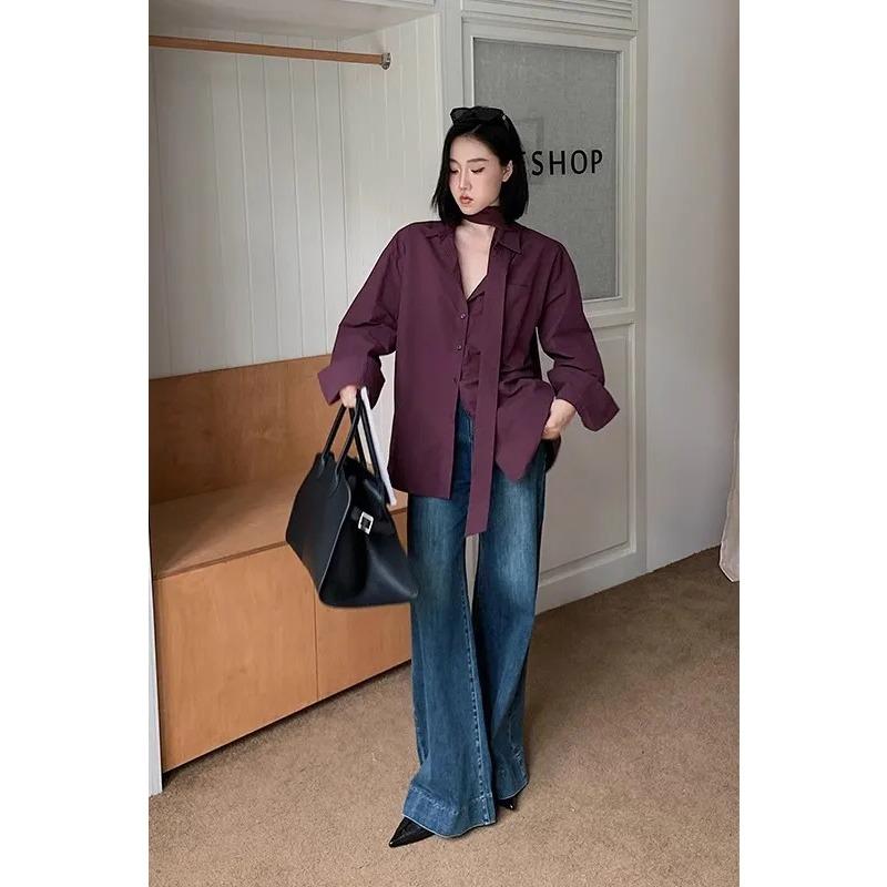 Women s Spring Loose Fit Button Up Shirt Collared Neck Tie Blouse S