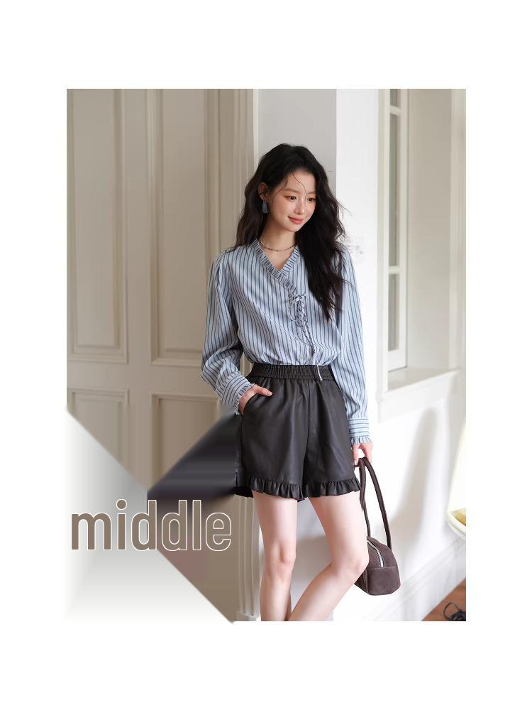 2025 High Waist PU Leather A-line Shorts with Lace Patchwork for Women