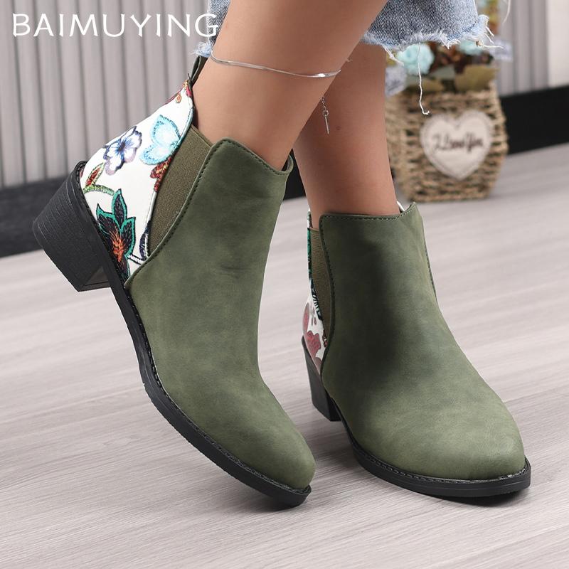 Print Random Women Ankle Boots Suede Pointed Toe Designer Mid Heels Shoes 2025 Trend Chunky Classic Winter Chelsea Botas Mujer